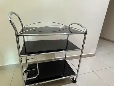 Chrome and Black Glass Serving Trolley on Wheels - 3 Tier