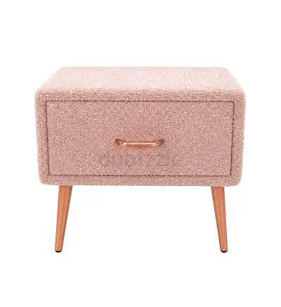 Pink Bouclé Bedside Table with Drawer and Wooden Legs