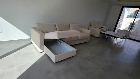 Beige ikea 3 seater with chaise sofa bed