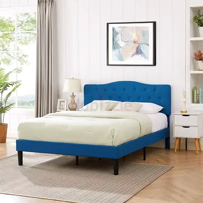 Blue velvet button tufted double bed frame