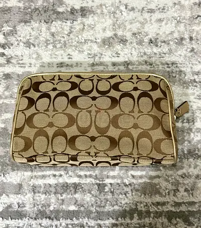 Coach Signature Canvas Zip Pouch / Makeup Bag - Beige/Tan