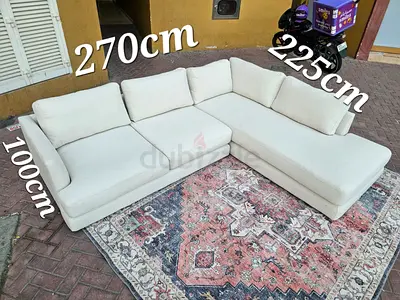 West Elm L-shaped Cream Fabric Sofa - Right Chaise, Comfortable 3+2 Seater (270x225x100cm)