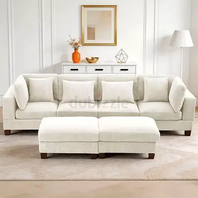 Off white corduroy 4 seater sofa with 2 front ottoman