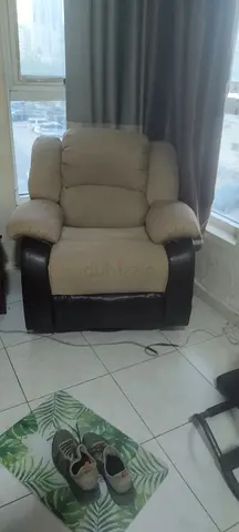 Beige Fabric and Dark Brown Leatherette Recliner Chair - Good Condition