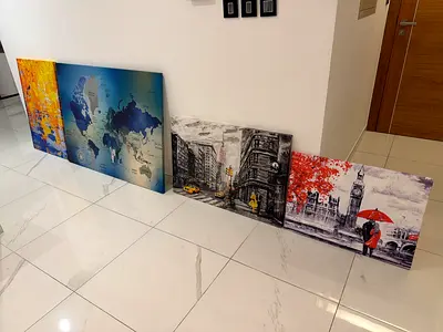 Set of 4 Urban-Themed Canvas Prints (World Map, City Streets, London Scene)