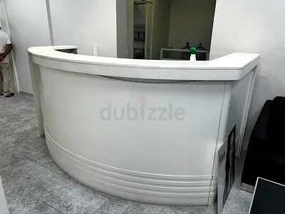 Black Cushion chair , Black Glass Tea Table  Curved White Reception Desk / Front Counter
