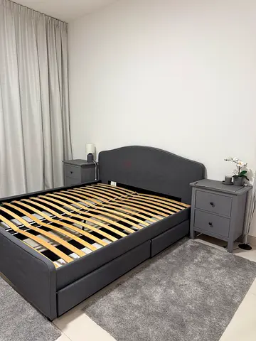 IKEA Grey Fabric Double Bed Frame with Headboard and Slatted Base (No Mattress)