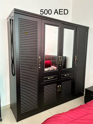 Dark Brown 4-Door Wardrobe with Mirrors - Good Condition