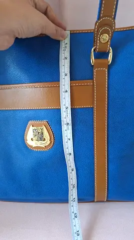 Lancel -- Blue and tan leather-look tote bag, medium size, good used condition