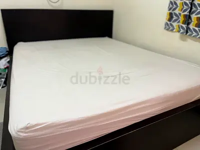 Minimalist Queen Bed Frame with Headboard (Dark Wood) - Good Condition