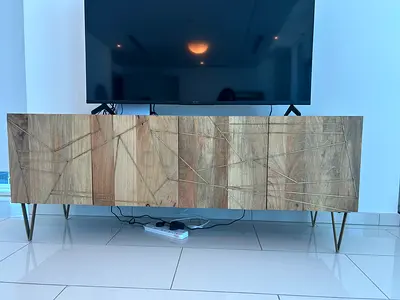 West Elm Roar and Rabbit Brass Mango Wood TV Cabinet / Entertainment Unit with Geometric Front