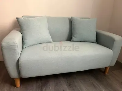 Mini Light blue 2-seater sofa / loveseat with cushions - good condition length 130cm height 52cm