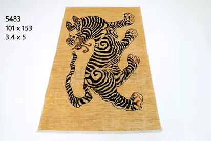 3*5ft 100 x 153cm Wall hanging Afghan Handmade Tiger Motif Wool Rug - Neutral Gold Background