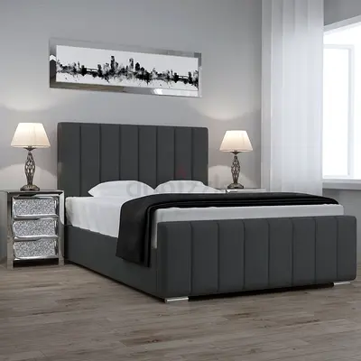 Dark Grey Upholstered Bed Frame with Padded Headboard