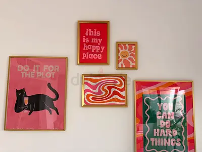Set of 5 Colorful Retro Wall Art Prints with Gold Frames