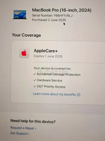 MacBook Pro 16-inch (2024) with AppleCare+ — Purchased June 2025