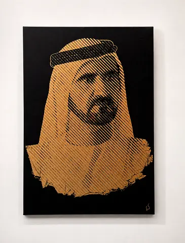 Handmade Gold Leaf Portrait – 70×100 cm  Unique handmade portrait of Sheikh Mohammed.