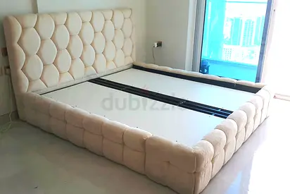 Beige Upholstered King-Size Bed Frame with Padded Headboard