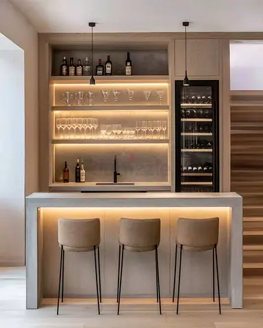Modern Built-in Home Bar with Wine Fridge and LED Shelving