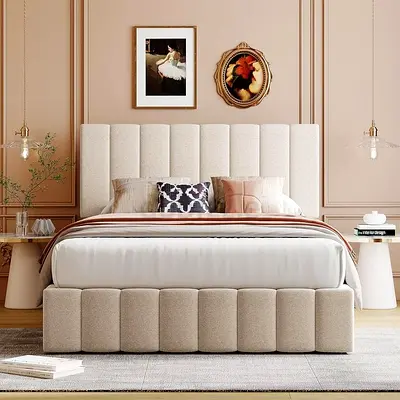 Upholstered King Bed with Padded Headboard and Base - Beige