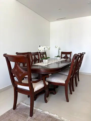 Solid Wood Dining Table with 6 Upholstered Chairs - Classic Design