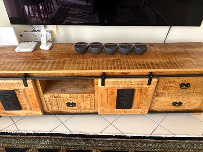 Solid reclaimed wood TV console with sliding barn doors - sturdy low media unit