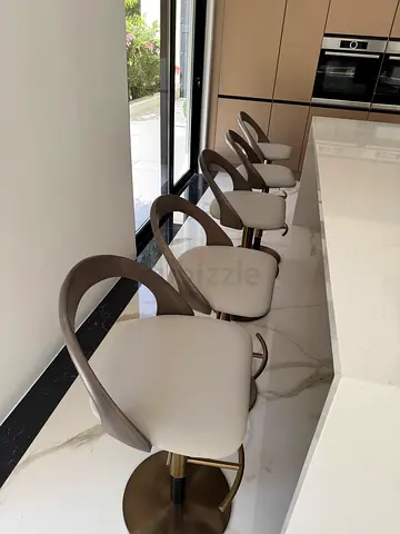 Set of 5 Modern Swivel Bar Stools — American Oak Solid Wood, Bonded Leather And Brass Base