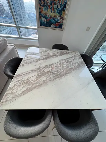 Marble Top Dining Table with 6 Upholstered Chairs - Excellent Condition