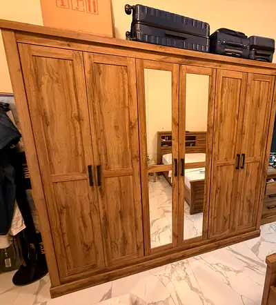 Solid Wood 6-Door Wardrobe with Mirrored Center Panels (Great Condition)