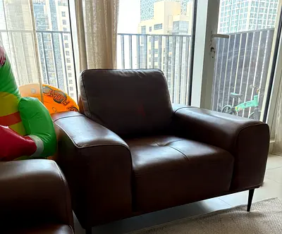 Brown Leather 3-Seater Sofa + Matching Armchair - Modern Minimalist Design