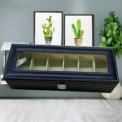 Black PU Leather Watch and Bracelet Storage Box with Glass Top - 6 Slots