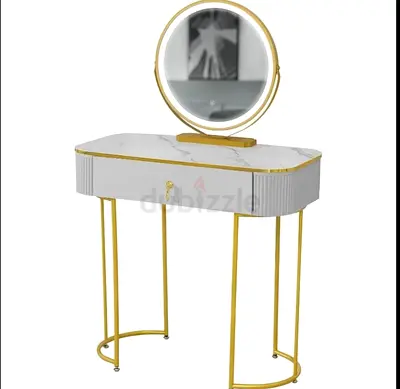 White Marble-Top Vanity Dressing Table with Round Mirror and Gold Legs