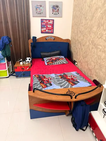 Pair of wooden single kids beds with themed mattresses — good condition PRICE FOR ALL