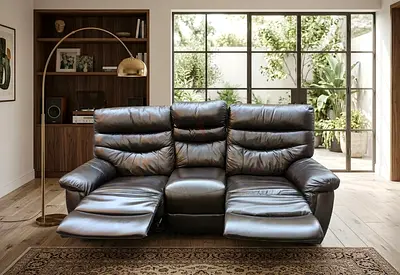 Three-seater brown leather recliner sofa