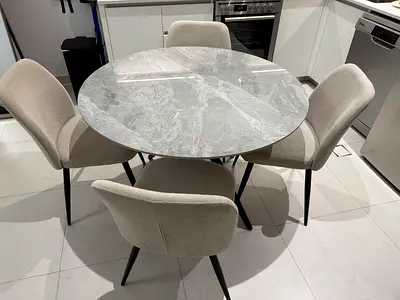 Round Marble-Top Dining Table with 4 Upholstered Chairs