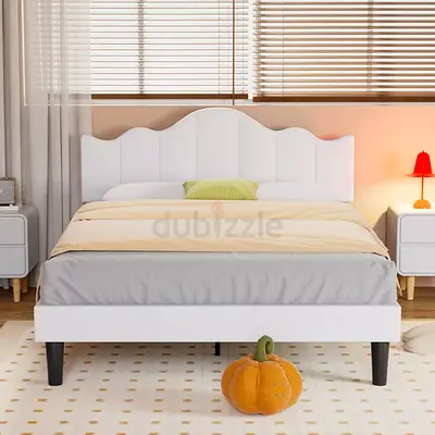 Wavy headboard linen upholstered queen bed frame