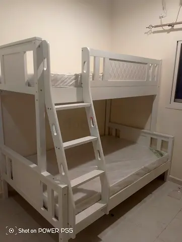 White Solid Wood Bunk Bed with Ladder — Good Condition