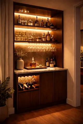 Built-in Wooden Home Bar Cabinet with Marble Top and LED Shelves