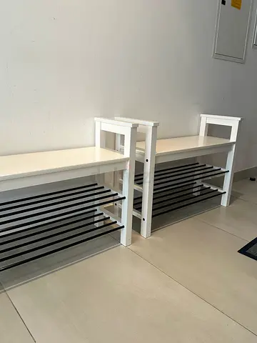 Pair of White Shoe Benches / Shoe Racks with Seat