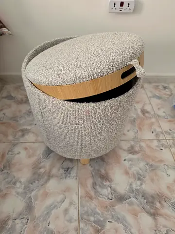 Small Round Upholstered Storage Ottoman with Lid — Light Grey
