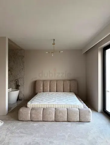 Beige Upholstered King Bed Frame with Headboard (modern low profile)