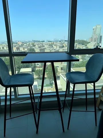 High Bar Table with Two Modern Stools - Black Frame, light blue Seats