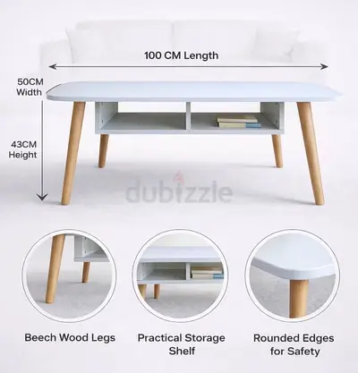 Modern White Coffee Table with Beech Wood Legs and Storage Shelf - 100cm
