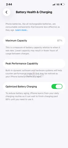 iPhone 12 Pro 128 GB with 87% Battery Health (Battery Health screenshot)