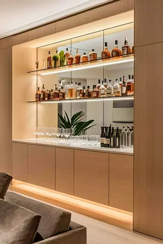 Built-in Modern Home Bar Cabinet with Glass Shelves and LED Lighting
