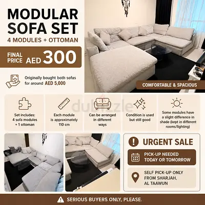 Modular Sofa Set – 4 Modules + Ottoman – Urgent Sale – AED 300