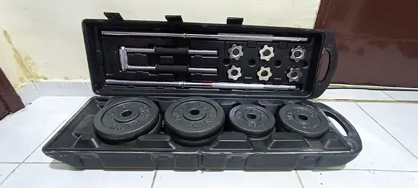 Adjustable 50kg Dumbbell / Barbel Set with Case – Includes Plates, Bars and Collars