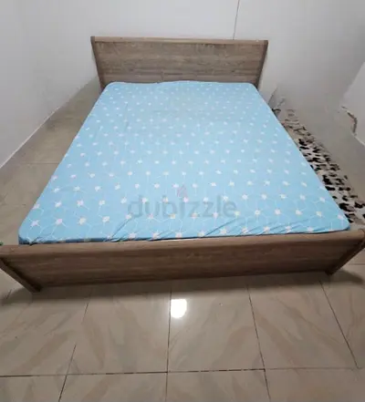 Used Double Bed Frame with Headboard and Mattress - Light Wood Finish