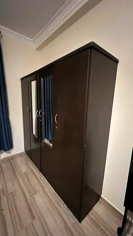 Dark Wood 4-Door Wardrobe with Mirror - Good Condition