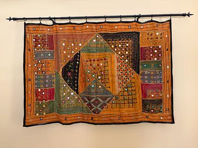 Traditional Indian wall hanging with Black Metall Rod and Mounting Brackets - 2m (used)